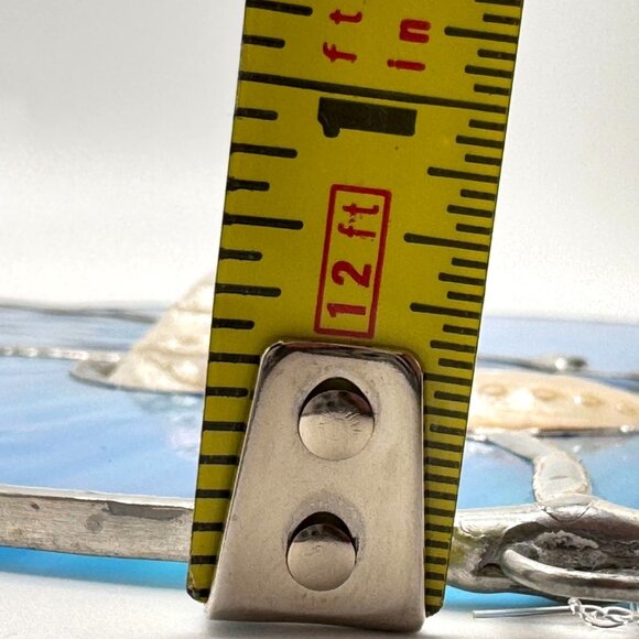 Stained Glass Blue Abstract Round Suncatcher Natural Shells Silver Accent Vtg - Picture 3 of 9